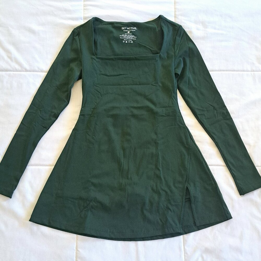 SET Active Dark Green Long Sleeve Fit-and-Flare Dress